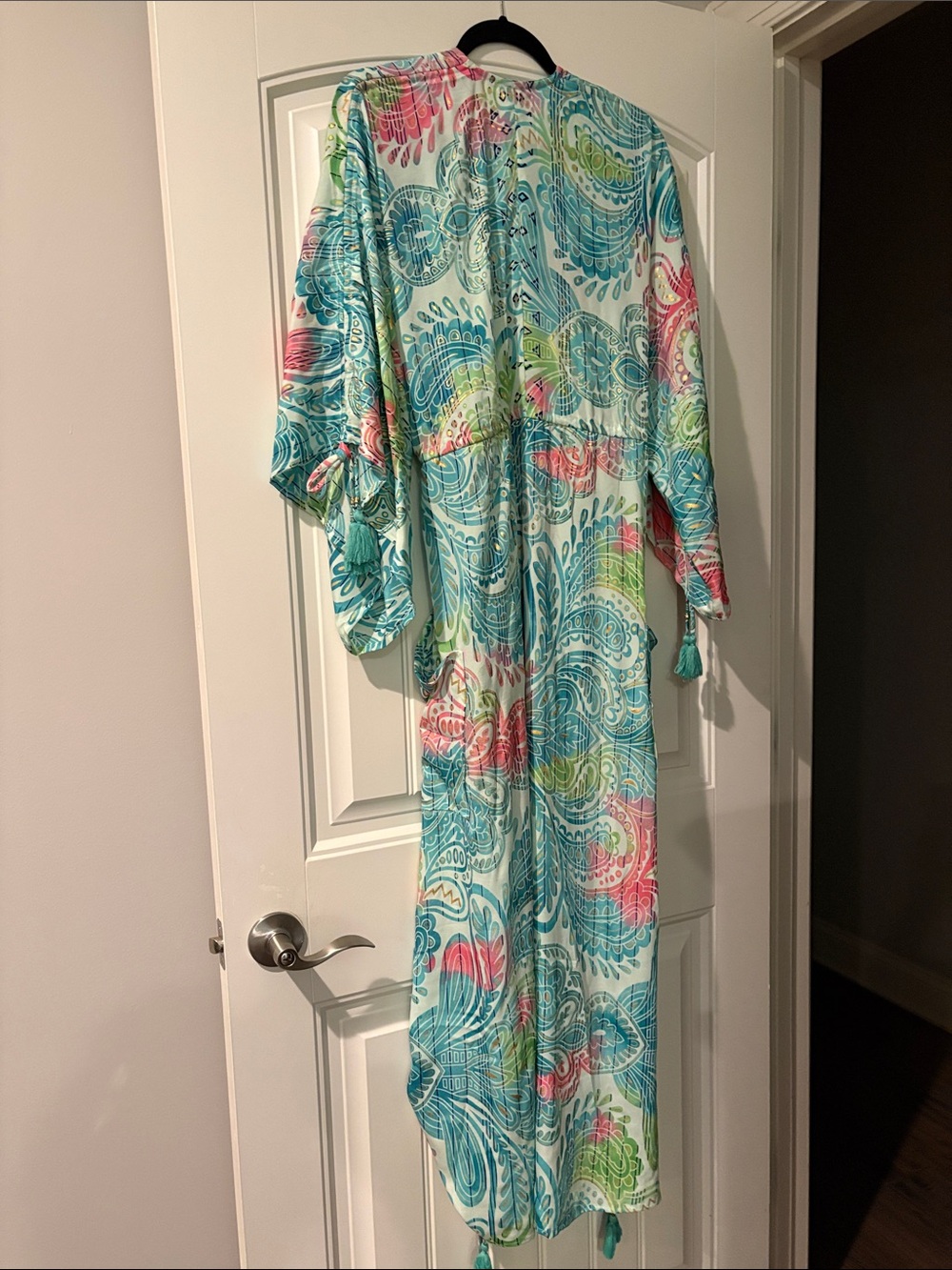 Women's Aqua Paisley Maxi Caftan Dress with Drawstring - Picture 6 of 6